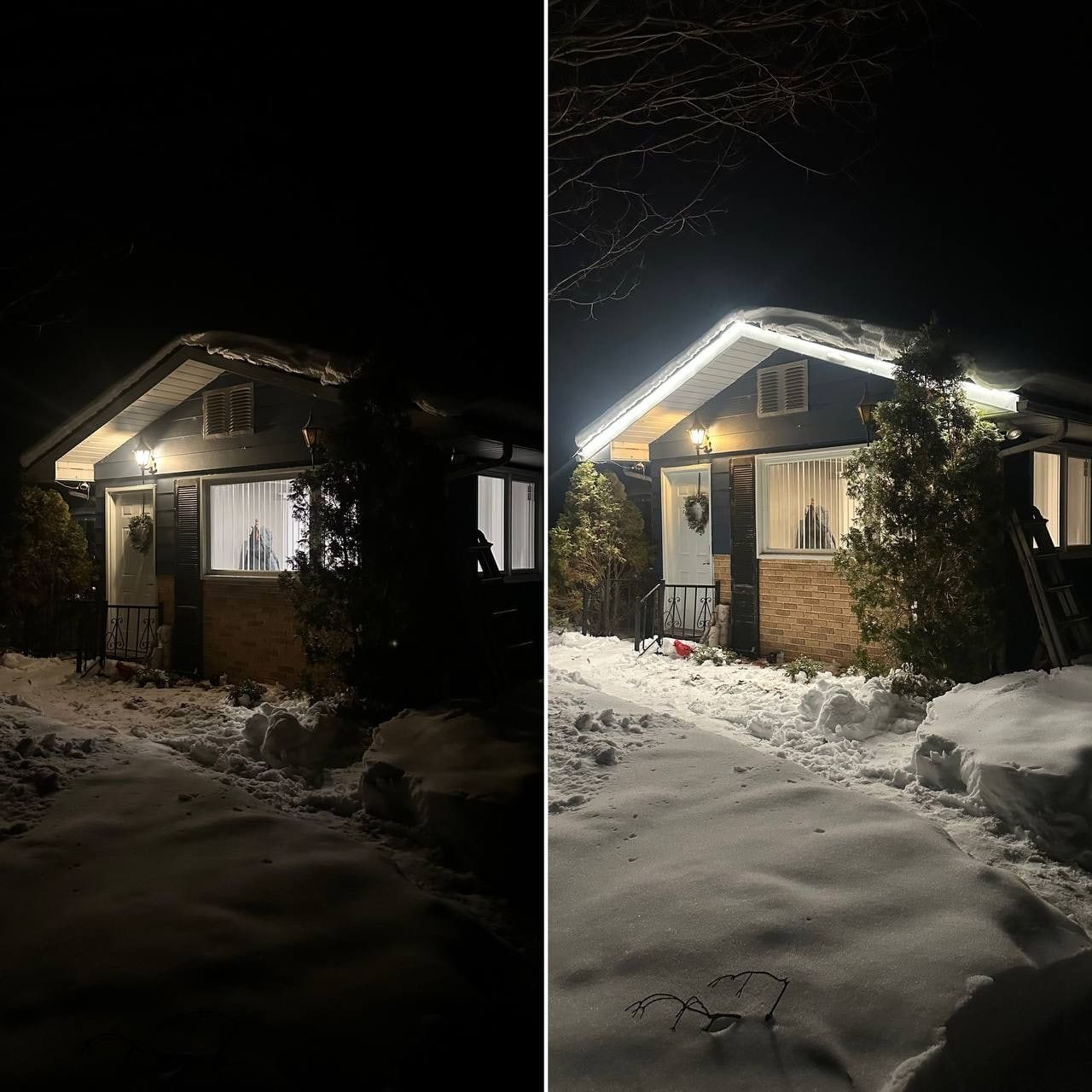 Before and after: the same bungalow in the snow without and with the roofline lighting.