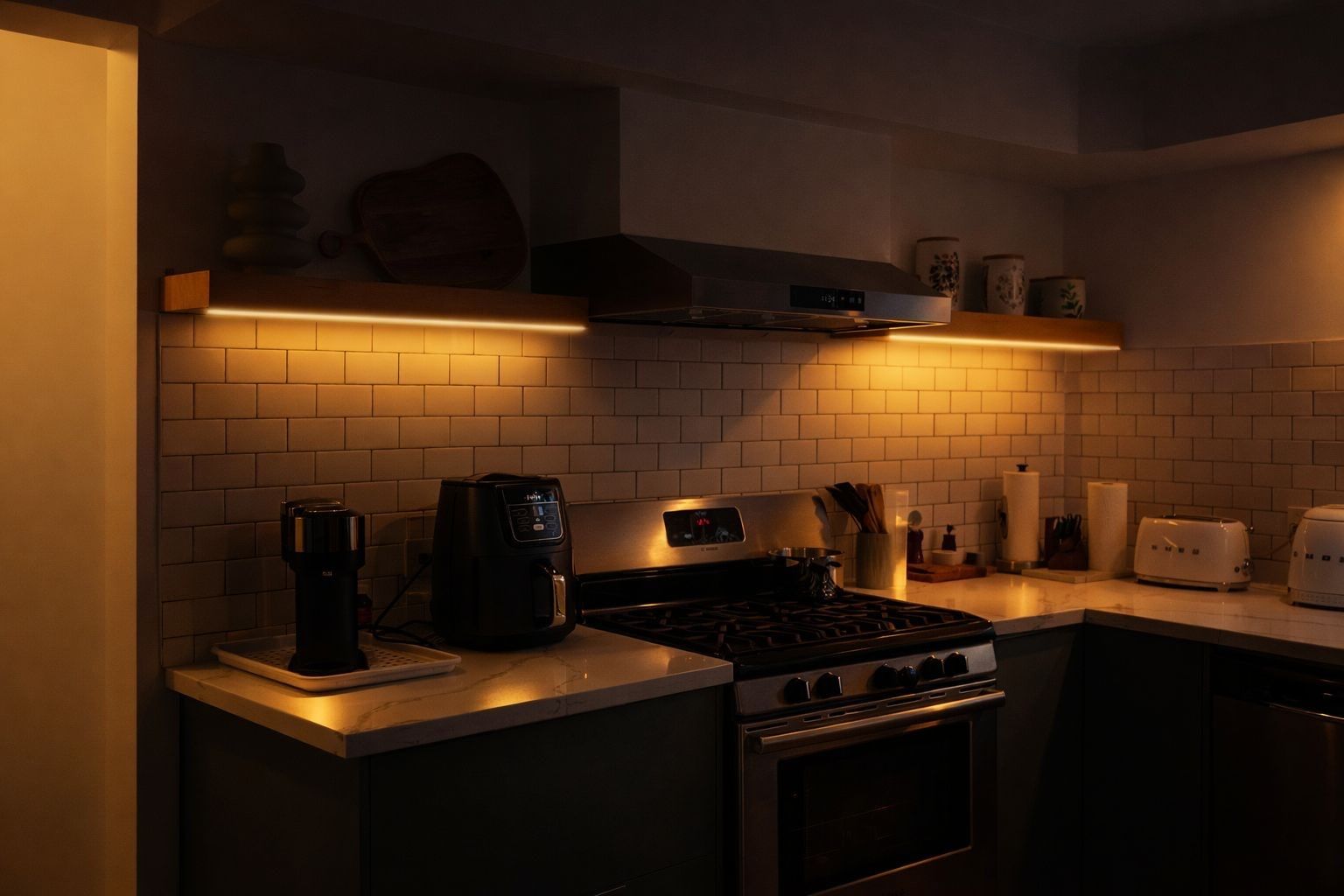 Warm under-cabinet light over a subway-tile backsplash and counter.