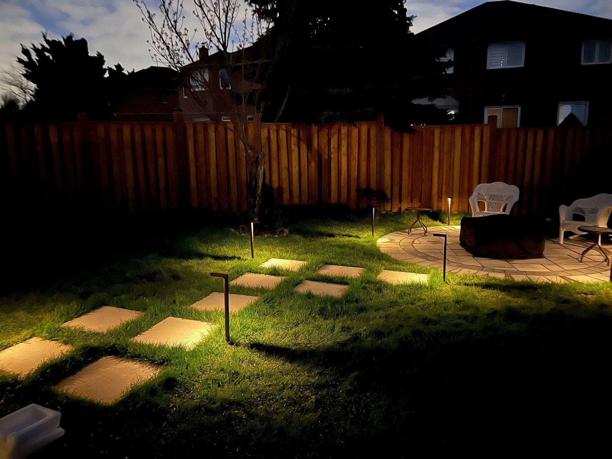 The stepping-stone path from the other side, with the fence behind.