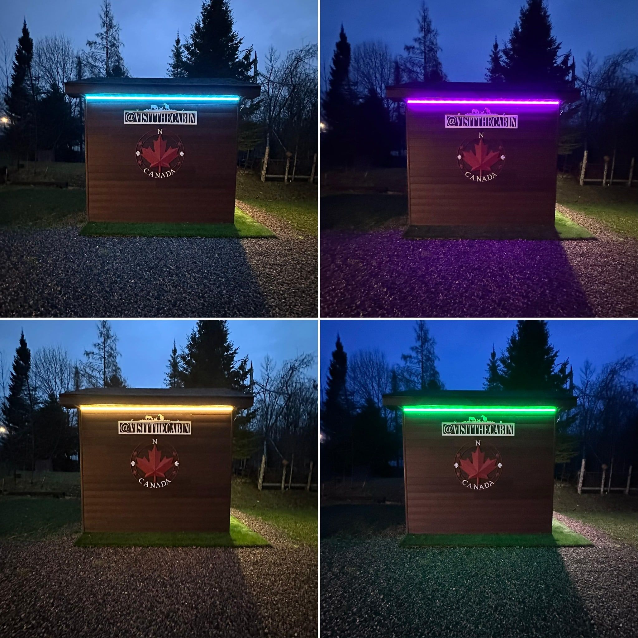 A cottage sign wall with a colour-changing light line, shown in four colours.